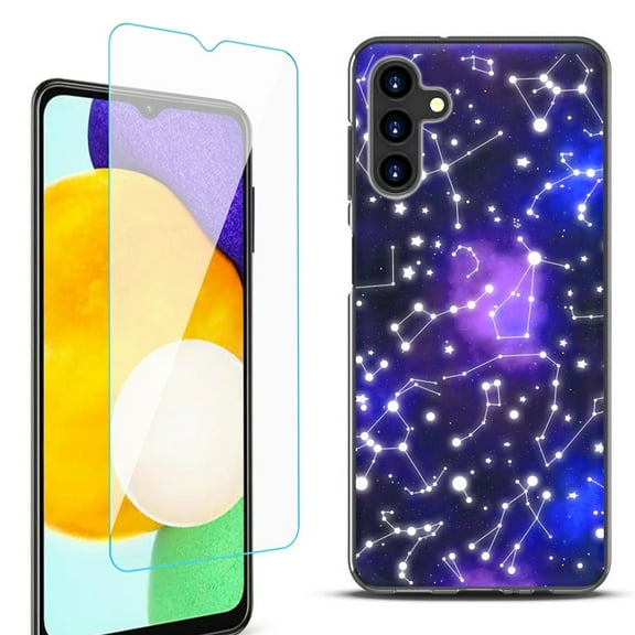 Slim-Fit Protective Fashion Phone Case (Black) for Samsung Galaxy A13 5G, with Tempered Glass Screen Protector, by OneToughShield ® - Constellations