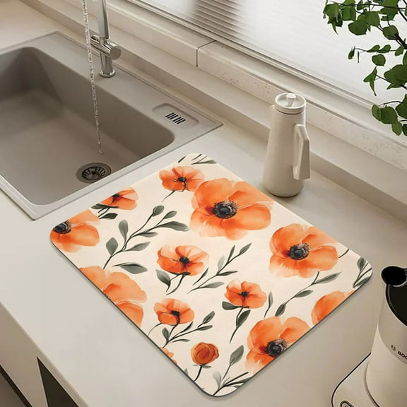 Watercolor Style Orange Flowers Dish Drying Mat for Kitchen Counter Absorbent Drainer Mats (15.7X11.8Inch)