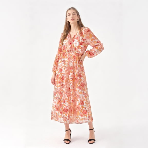 Alvantor Women's Floral V-Neck Long Sleeve Midi Dress, Red Multi Flower Print