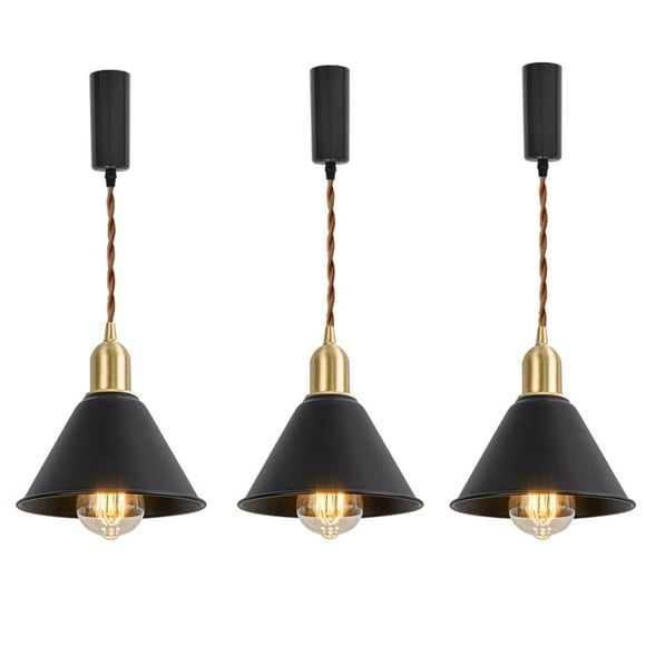 FSLiving Adjustable Height J Type Track Light with E26 Brass Base and Vintage Black Metal Shade,Decorate Lighting Fixtures for Farmhouse Kitchen Sink (Bulb & Ceiling Track Sold Separately) - 3 Lights