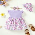 thumbnail image 3 of Kucnuzki Infant Baby Girl Clothes 18 Months Spring Summer Dress 24 Months Fly Sleeve Fake-Camisole Stitching Floral Prints Dress Hat&Headband 3PCS Set Purple 18-24 Months, 3 of 5