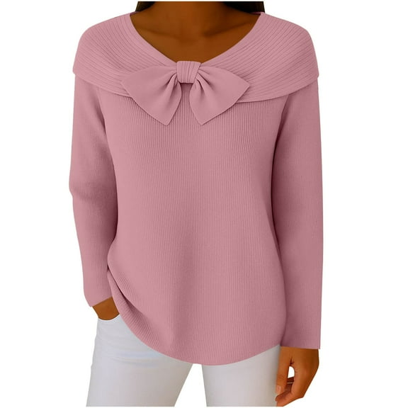 Bow Knot Crew Sweaters for Women Casual Ribbed Knit Pullover Long Sleeve Fall Outfits 2025 Sweaters Round Neck Solid Knit Pullover Tops Business Casual Outfit Thermal Clothes