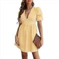 thumbnail image 2 of Vestido Midi con Estampado de Cuadros Retro para Mujer, Cuello en V, Corta, Volantes, Informal, Abotonado Amarillo M, 2 of 7