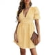 thumbnail image 2 of Vestido Midi con Estampado de Cuadros Retro para Mujer, Cuello en V, Corta, Volantes, Informal, Abotonado Amarillo M, 2 of 7
