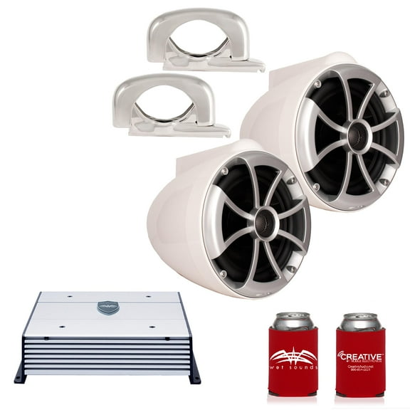 Wet Sounds ICON8W-FMINI 8" White Tower Speakers with Stainless Steel MINI Fixed Clamps & HTX2 600 Watt Amplifier