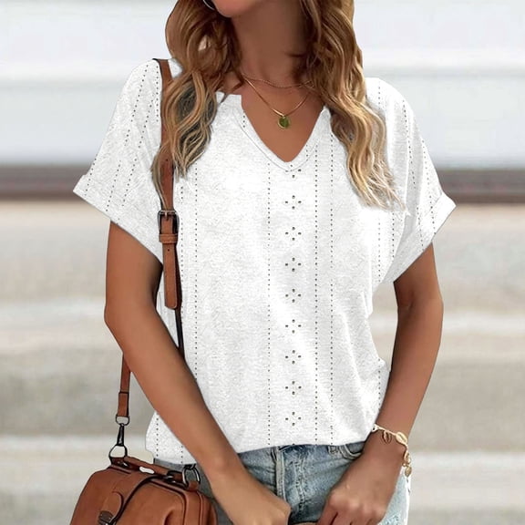Conairie Women V Neck T Shirts Solid Loose Short Sleeve Tunic Tops Lightweight Soft Basic Blouses Vacation Clothes White L