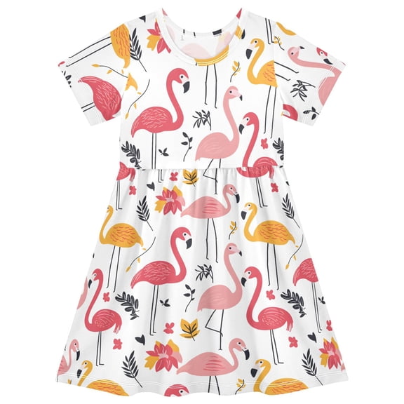 joogoo Flamingo Leaves Girls' Short Sleeve Dress Kids Dresses 5-6T