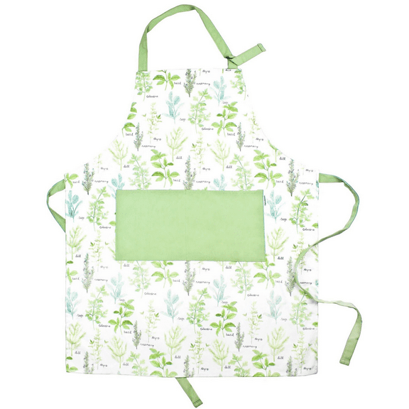 Sage+Stitch Adjustable Designer Kitchen Apron for Adults | 100% Machine Washable Cotton Cooking Apron with Pockets and Adjustable Neck Buckle | 27" Wide x 33" Long | Green Herbs
