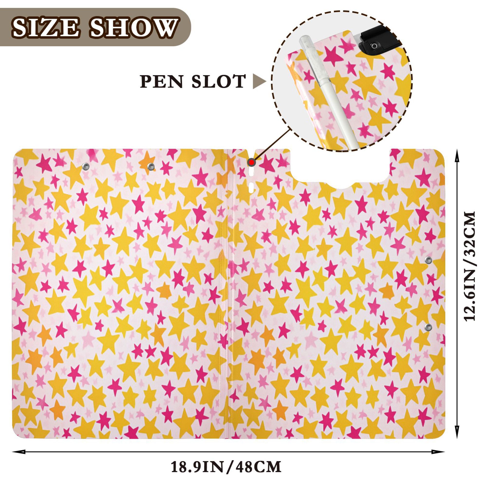FORMRS A4 Clipboard Folder with Pen Holder Horizontal Foldable School Office Binder, Light Pink Stars