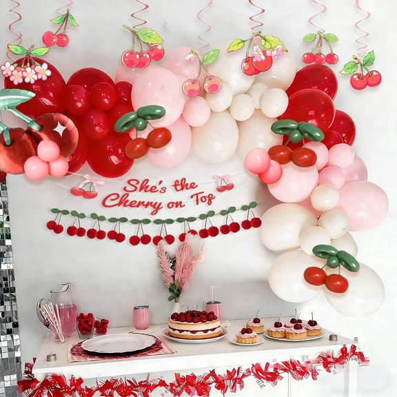 AYUQI  Cherry Balloon Garland Arch Kit, Red Pink White Green Long Balloons for Girls Birthday She is Cherry on Top Baby Shower Wedding Bridal Party Decorations