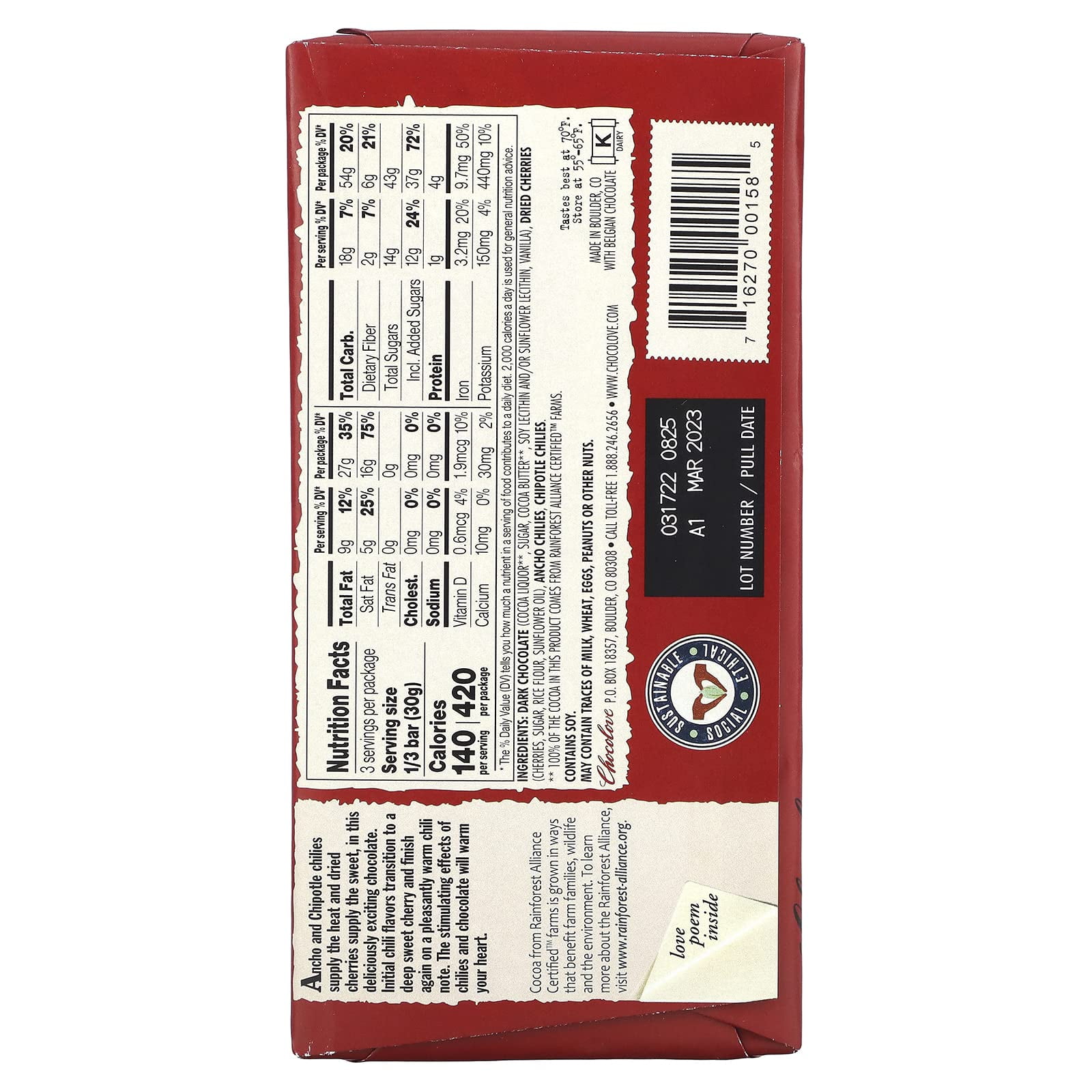 Chillies and Cherries in Dark Chocolate Bar 3.20 Ounces (Case of 12)