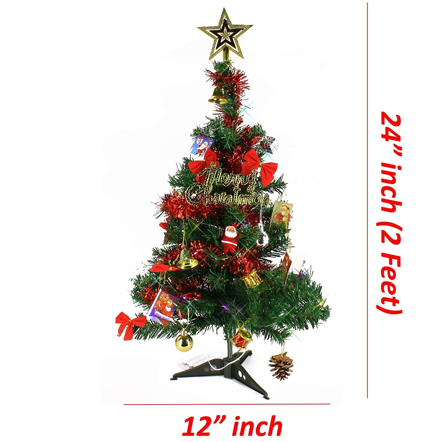 Wideskall 2 Feet Tabletop Artificial Mini Green Christmas Pine Tree with 30 Multi-Color LED Lights & Ornaments