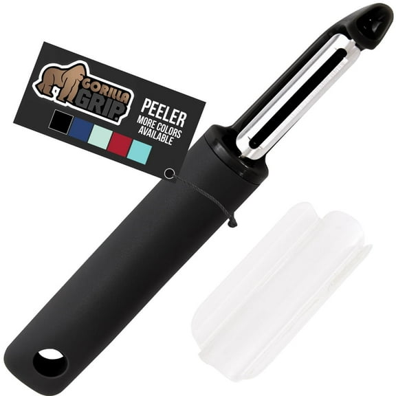 GORILLA GRIP Vegetable Peeler, Stainless Steel, Includes Blade Cover, Peels Potatoes Apples, Black