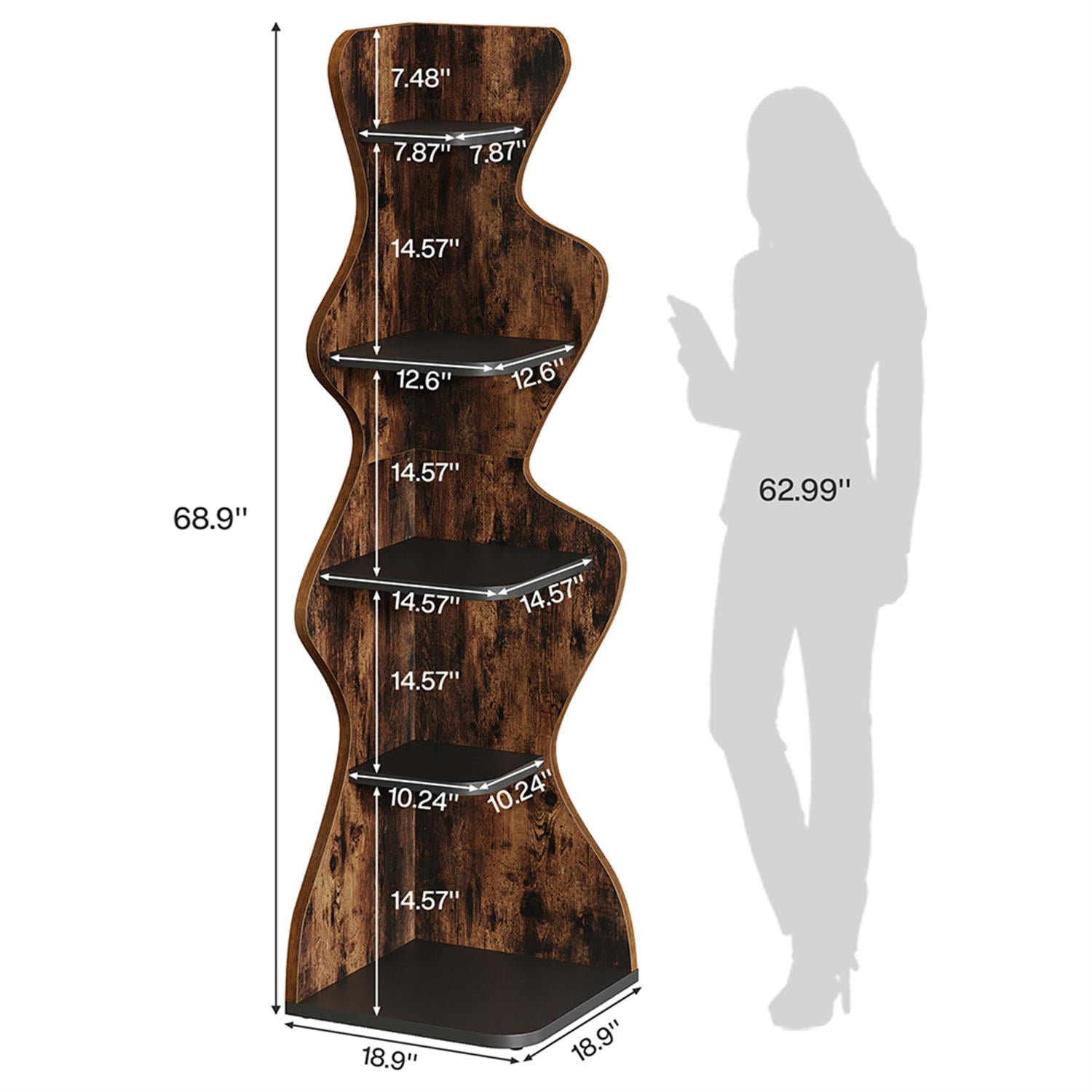 Demi Bonn 5 Tier Corner Bookcase, Wood Bookshelf Storage Organizer, 69" Tall Display Standing Shelf Unit for Bedroom, Living Room, Brown