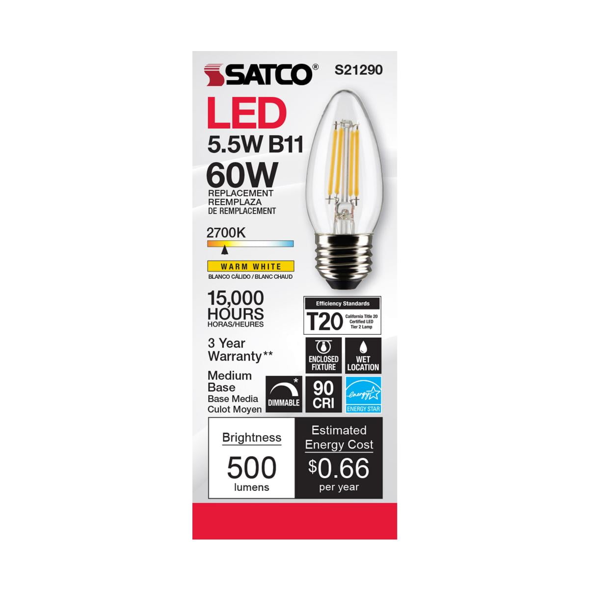 SATCO S21290 5.5W 120V B11 2700K 500 Lumen LED E26 Medium Base Light Bulb Dimmable (6 Pack)