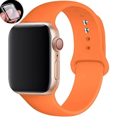 ALMNVO Silicone Sport Strap for Apple Watch Bands with Case 44mm,Clear Silicone Screen Protector Cover and Band for Apple Watch Series 6 5 4 SE -Vitamin C