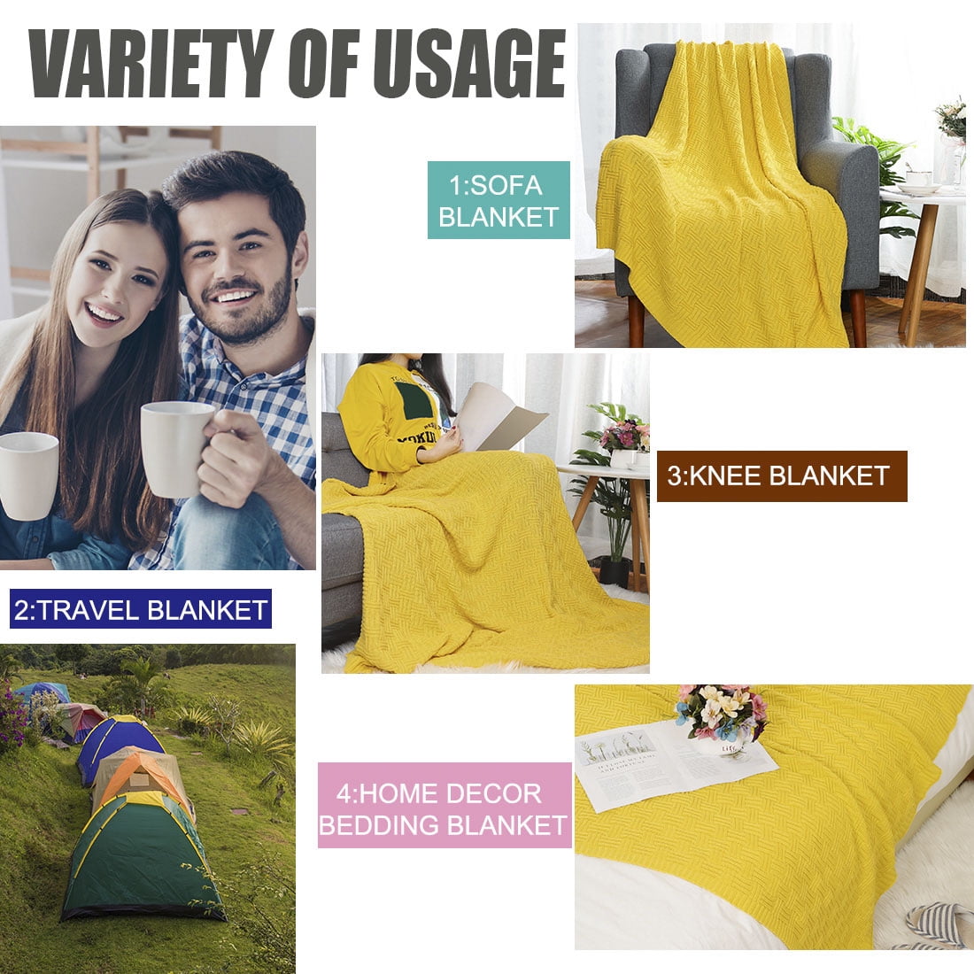 Unique Bargains Cotton Knitted Throw Blanket for Couch, 50" x 60",  Yellow