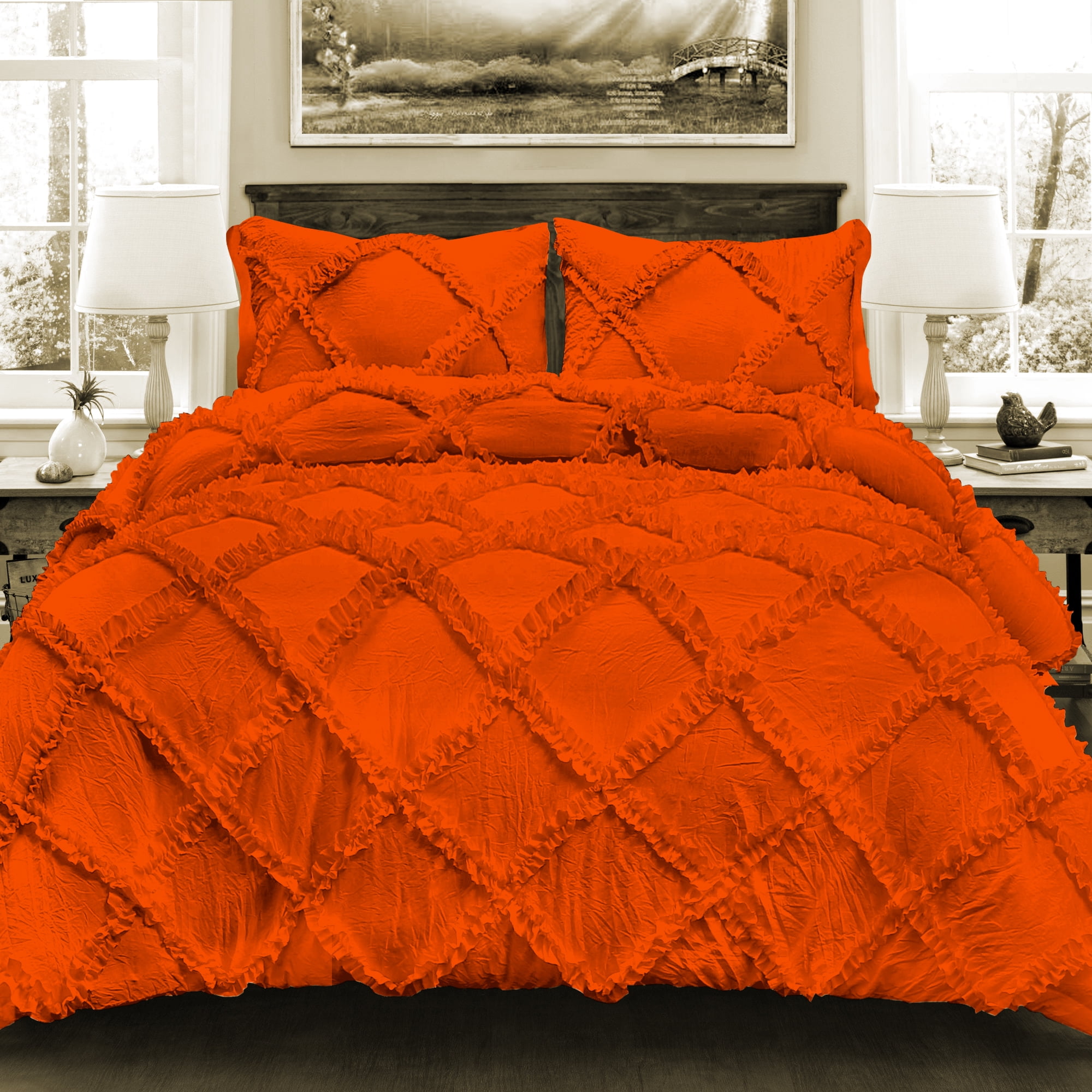 100 Egyptian Cotton 3Pcs Diamond Ruffle Duvet SetSolid (Orange, Twin
