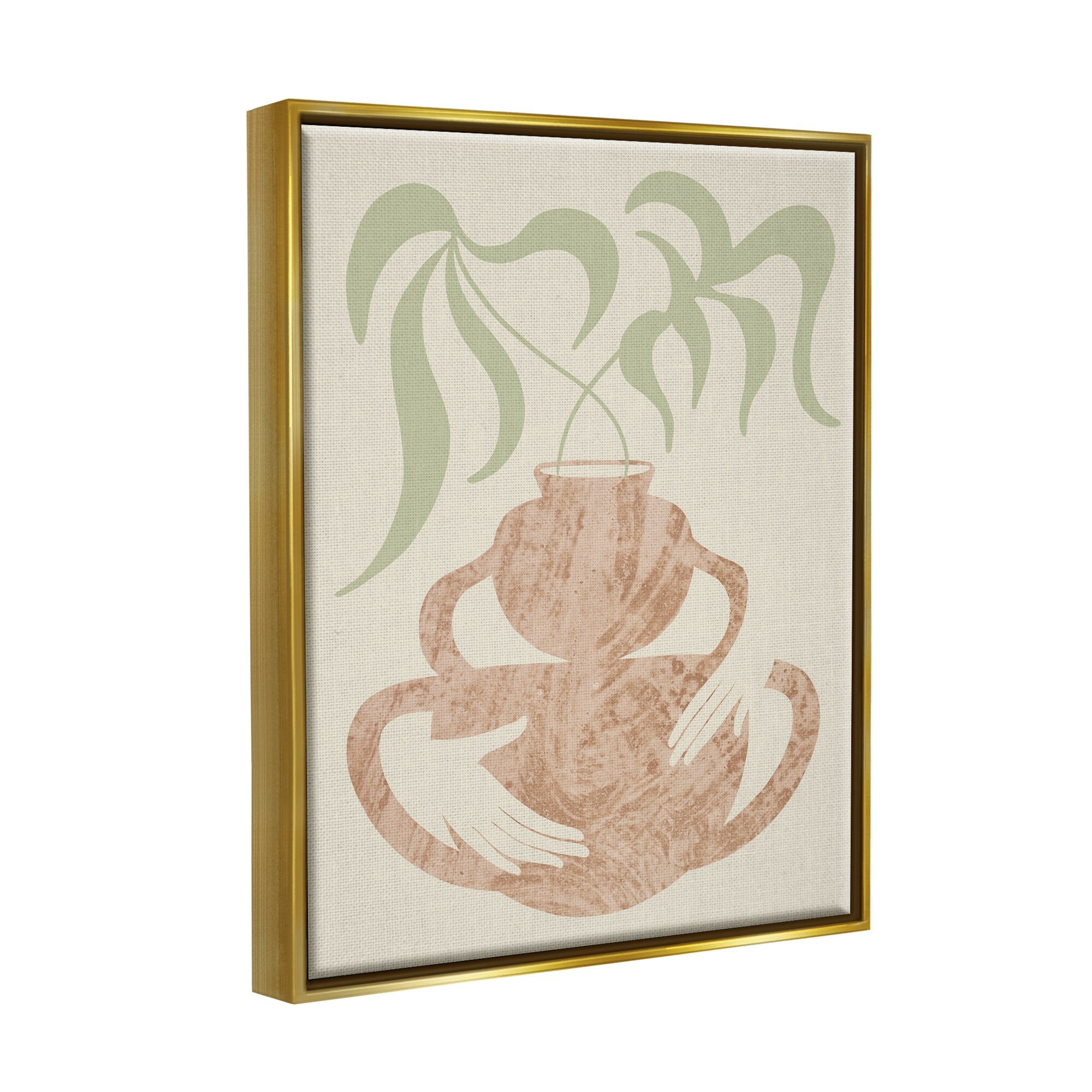 Stupell Industries Botanical Leaves Hands Flower Pot Handles Collage Metallic Gold Framed Floating Canvas Wall Art, 16x20, by Lil' Rue
