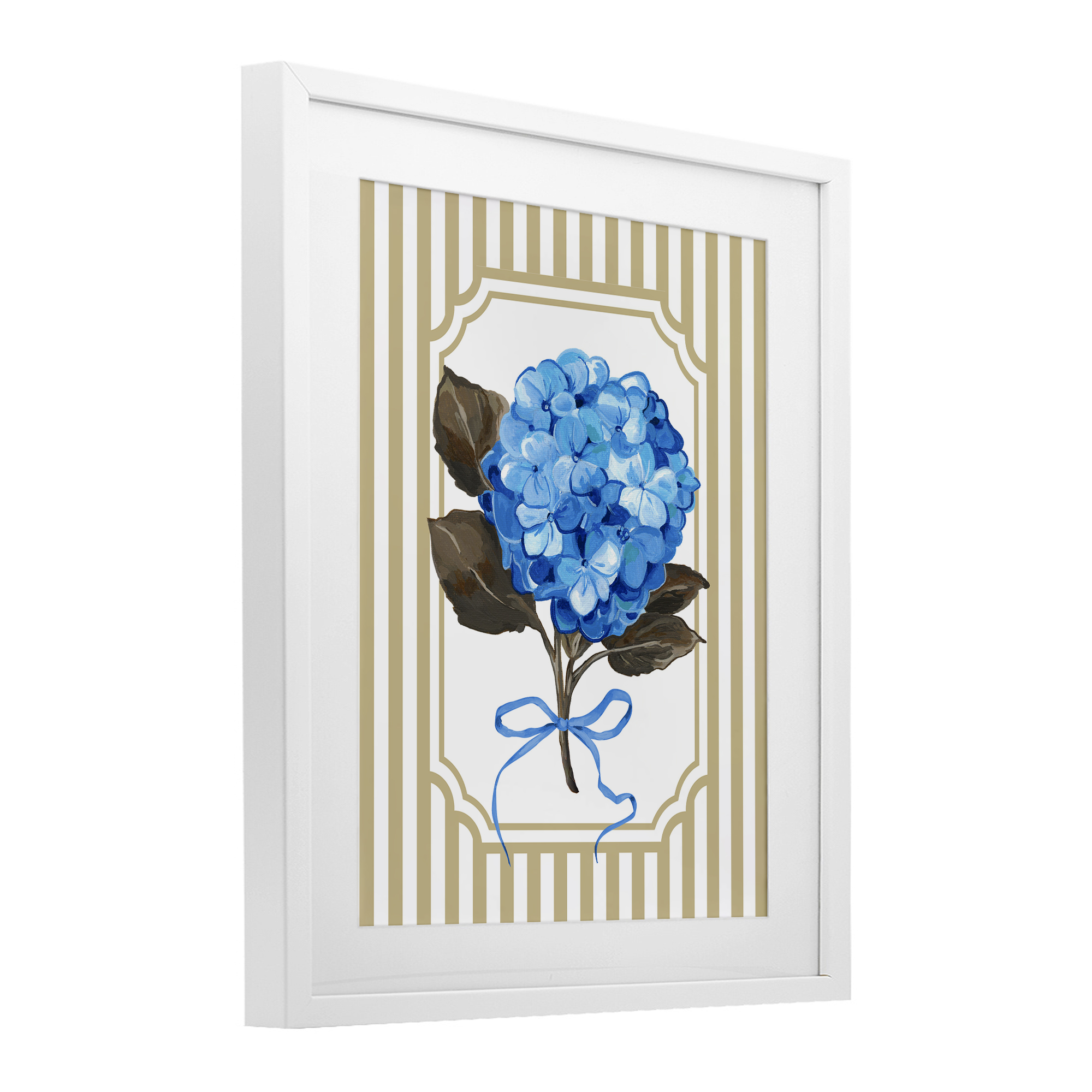 Hydrangea Bundle with Bow White Framed Print Under Glass, design by Adonna Ebrahimi