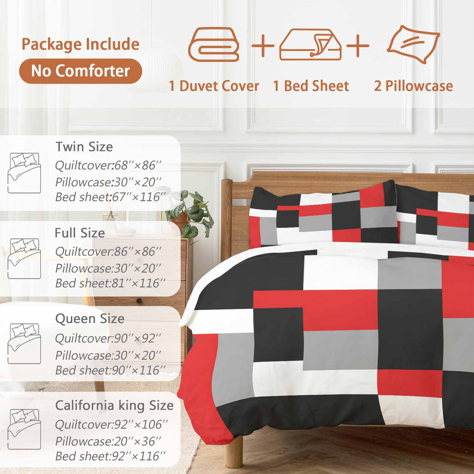 Red Black Grey Geometric Duvet Cover Set, Modern Abstract Art Luxury Soft Duvet Cover Queen Size Bedding Set 4 Pieces, 1 Quiltcover and 2 Pillowcases with Zipper, 1 Bed Sheet for All Seasons