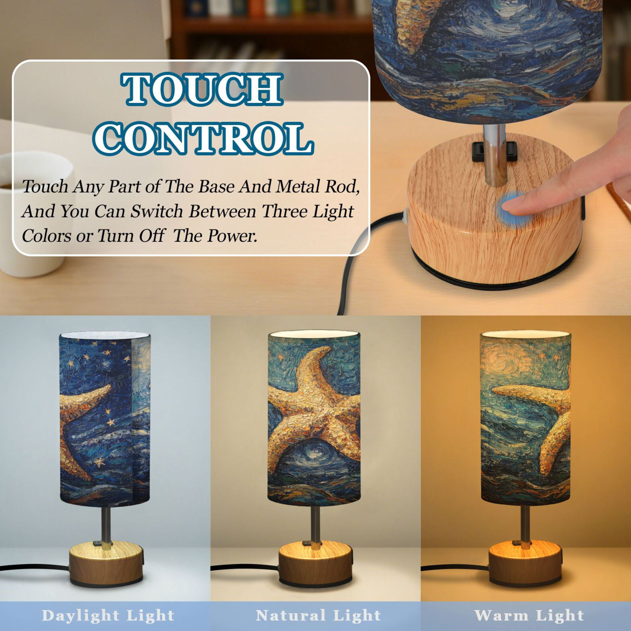 Wobogo Giant Starfish Oil Painting Bedside Lamp Touch Control Table Lamp with USB A+C Charging Ports & AC Outlet 3-Way Dimmable Nightstand Lamp with Linen Fabric Shade for Bedroom Living Room