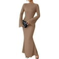 thumbnail image 2 of Women'S Long Sleeve Maxi Dress Ribbed Knit Boat Neck Bodycon Casual Dresses Going Out Outfits Camel Color S, 2 of 9