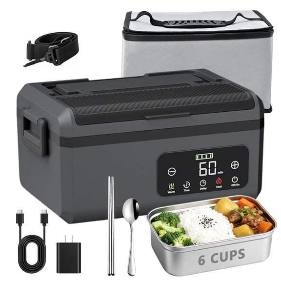 6‑Cup Cordless Heated Lunch Box, 30000mAh 1.5L Portable Food Warmer with Timed Preheating, Insulated Bag for Office, Jobsite & Outdoor Use (Gray)