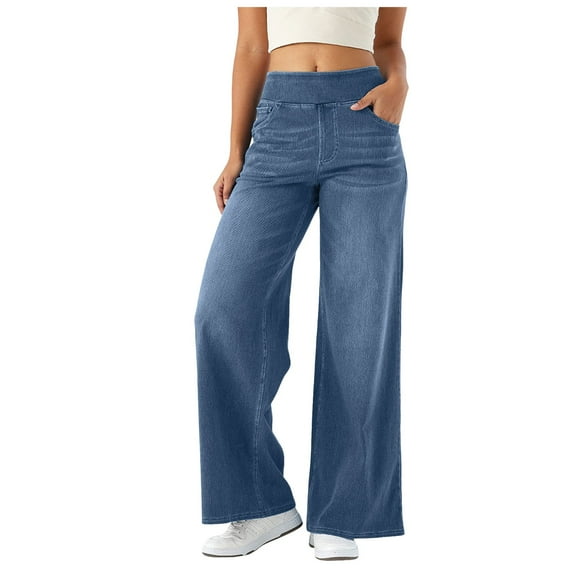 YDFCWXW Women's High Rise Wide Leg Jeggings - Stretch Pull On Pants, Soft Denim with Pockets Blue, XL