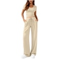 thumbnail image 2 of 2 Piece Sets for Women Ribbed Slim V Neck Crop Tops Matching Straight Leg Ruched Pants Summer Vacation Outfits, 2 of 8
