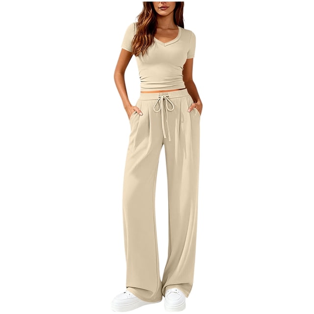 lcziwo Womens Ribbed Knit Lounge Set Short Sleeve V Neck Crop Tops and Wide Leg Drawstring Pants Two Piece Soft Lightweight Matching Outfits Sets,Khaki,XL