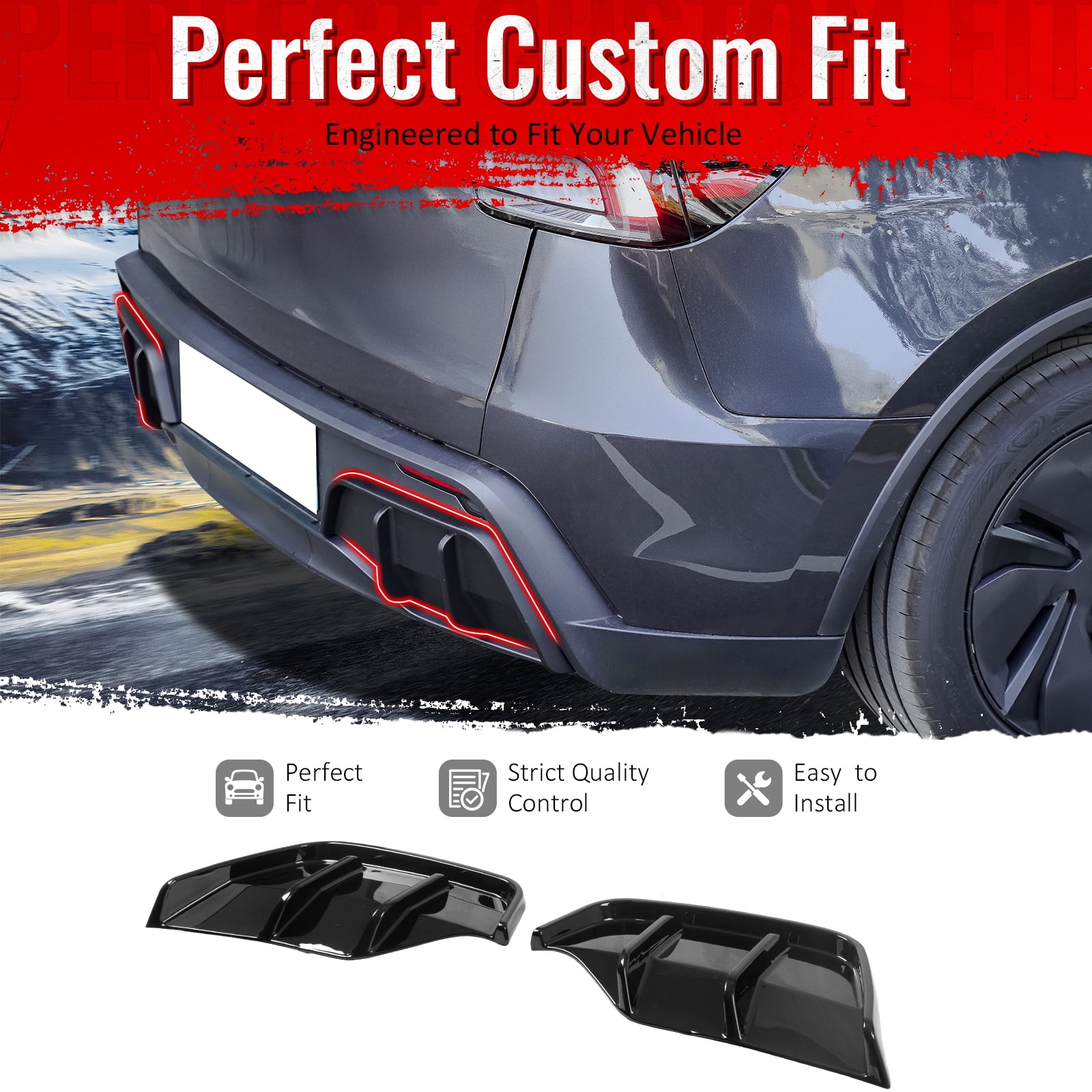 Ikon Motorsports Rear Aprons, Compatible with 2025-2026 Tesla Model Y Juniper,  IKON Style PP Polypropylene PP Gloss Black Rear Bumper Lip Lower Side Spat Valance Winglet Canard Protector 2PC
