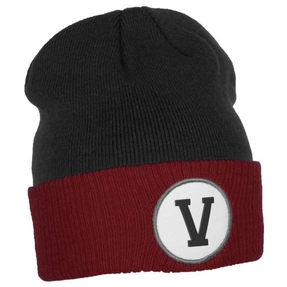 Daxton Custom A to Z Initial Letters Cuff Hat Beanie Warm Knit Skull Cap, Black Burgundy Letter V