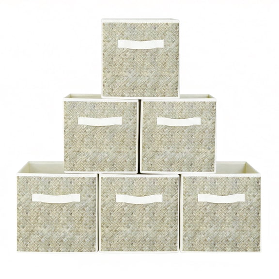 6 Pack Foldable Fabric Storage Cubes 11 inch, Rattan Printed Organizer Boxes with Handles, Collapsible Storage Baskets for Organizing Closet Bins