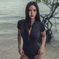 thumbnail image 5 of Women Short Sleeve Rash Guard Swimsuit Sexy V-Neck Zip Monokini Surfing Swimwear, 5 of 12