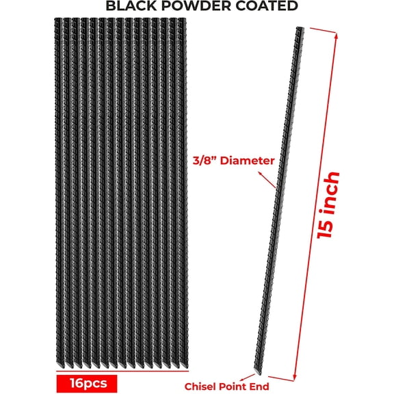 16 Pack 15" Heavy-Duty Hook Rebar Stakes – Black Powder-Coated Steel Ground Anchors with Chisel Point for Garden, Camping Tents, Plant Support & Hard Soil Anchoring
