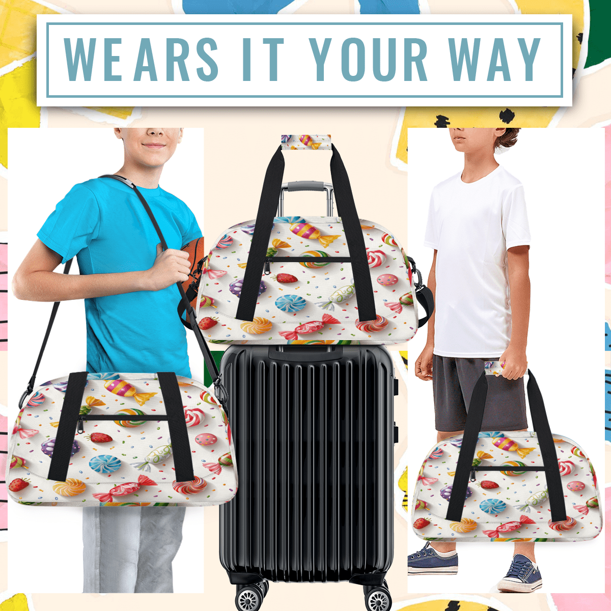 Herdesigns Candy Sports Duffle Bag for Women & Men, Colorful Candy Gym Bag Dance Bag Overnight Bag Carry On Weekender Travel Bag