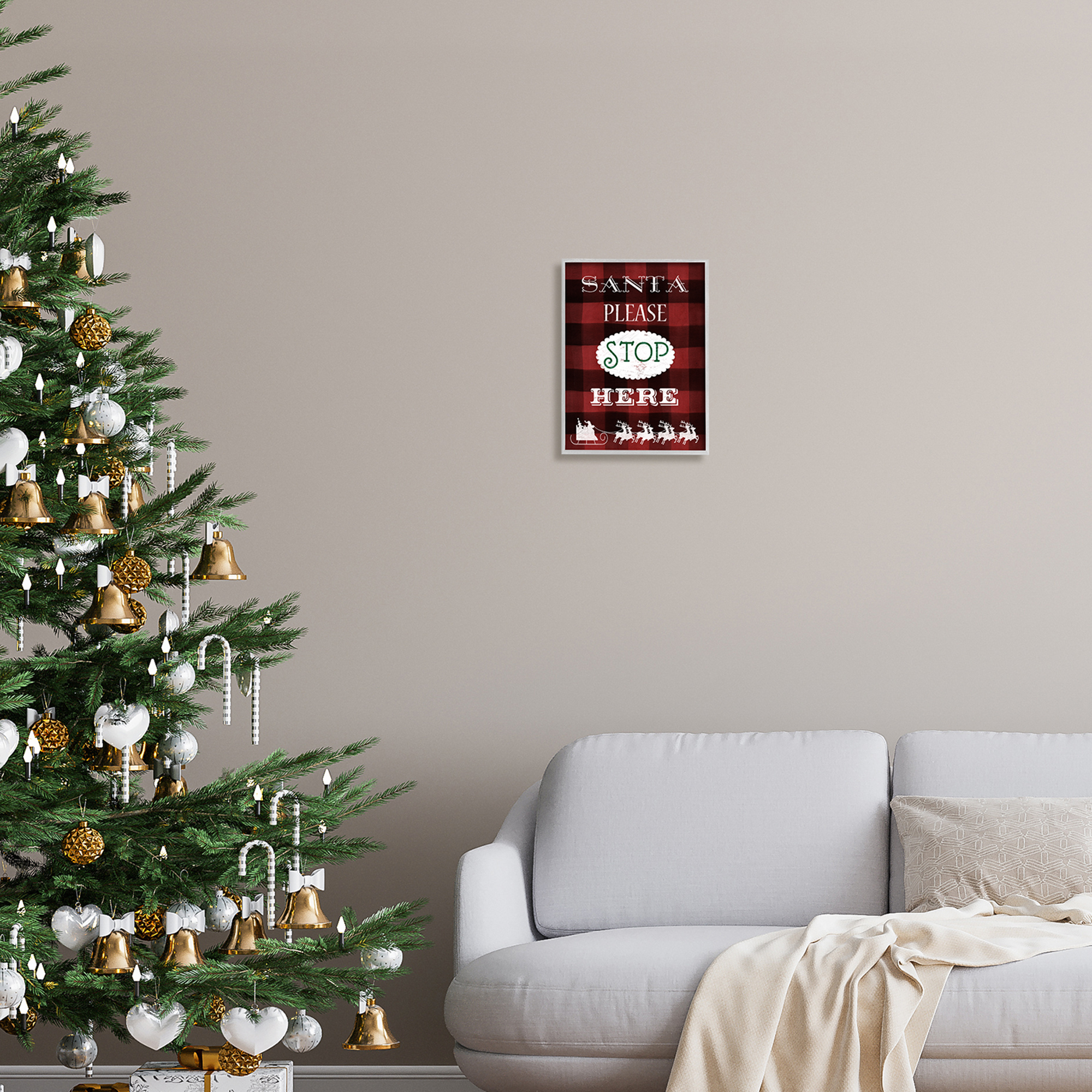 Stupell Industries Santa Stop Here Plaid Holiday Painting Gray Framed Art Print Wall Art, 11 x 14