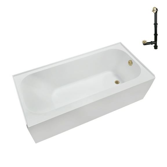 Streamline NAL-5300-PBR 66 in. x 32 in. Acrylic Right-Hand Drain Alcove Bathtub in Glossy White With External Drain in Polished Brass