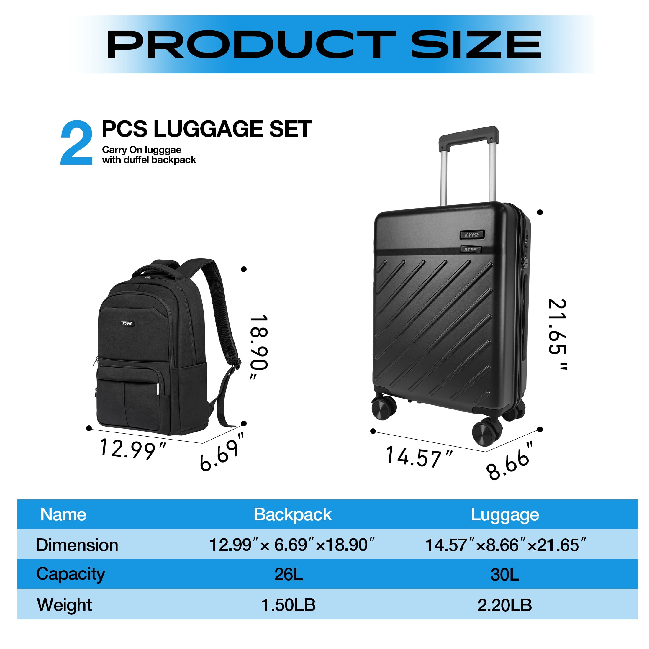 20" Hardside Carry-on Luggage, 2-Piece Set (Luggage and Backpack), Hardshell Suitcase with Divider Pockets, Four Multi-Directional Spinner Wheels, Scratch-Resistant Surface, Black