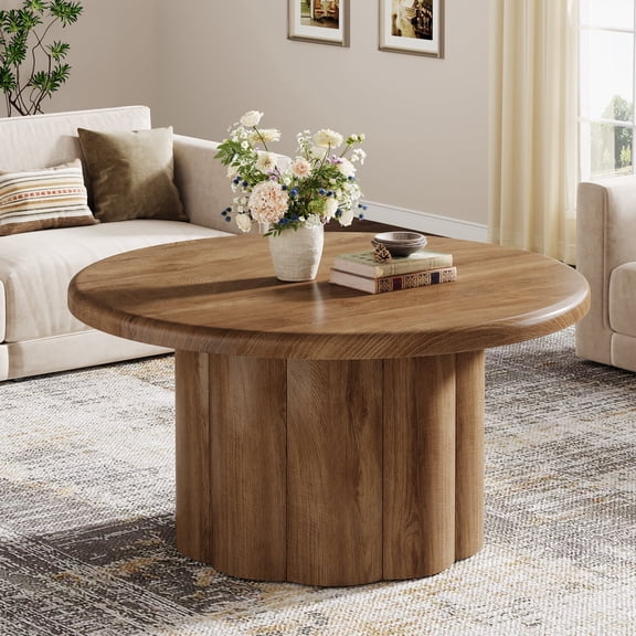 Finmind 31.5" Round Coffee Table, Farmhouse Drum Coffee Table with Fluted Base for Living Room, Brown