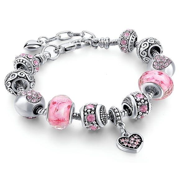 DESIGNICE Pink Austrian Crystal And Heart Charm Bracelet