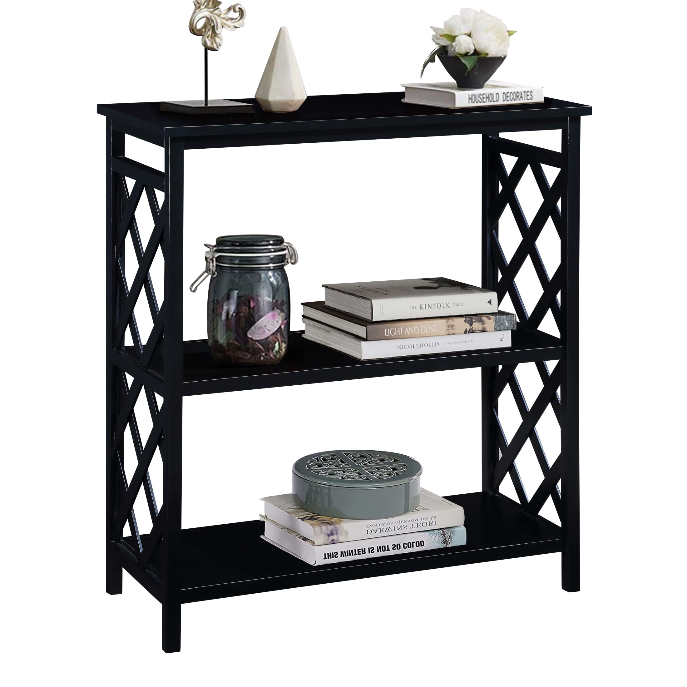 Noble House 32" Console Table, Solid Wood Legs with 3-Tier MDF Open Storage Shelves, Entryway Bookshelf, Black