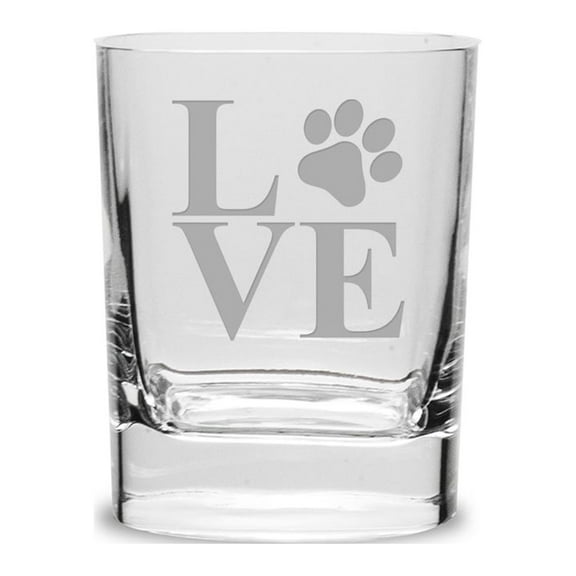 Paw Print LOVE Deep Etched Luigi Bormioli 11.75 oz Square Round Double Old Fashion Glass