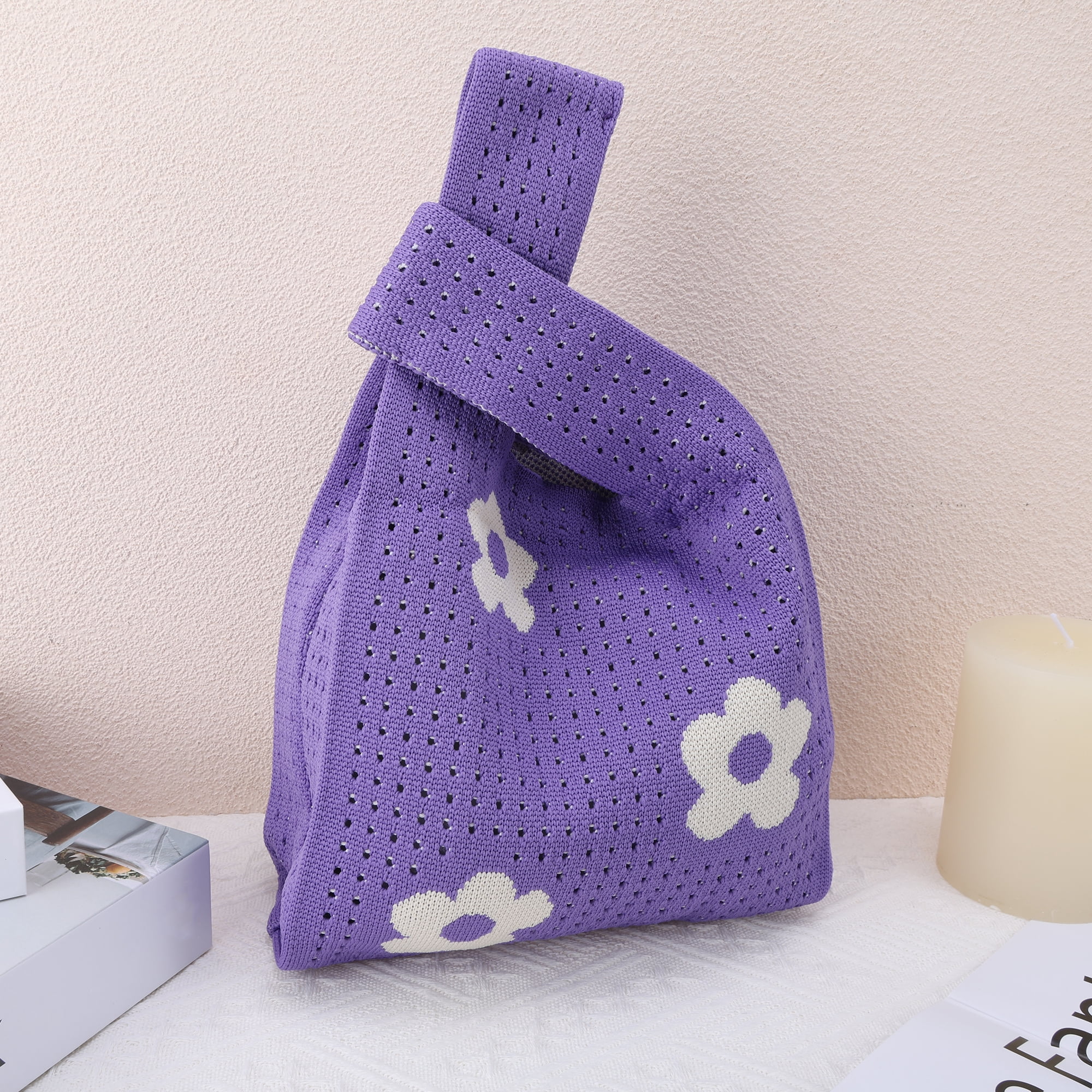 Unique Bargains Stylish Openwork Flower Knitted Wrist Bag for Everyday Use Purple