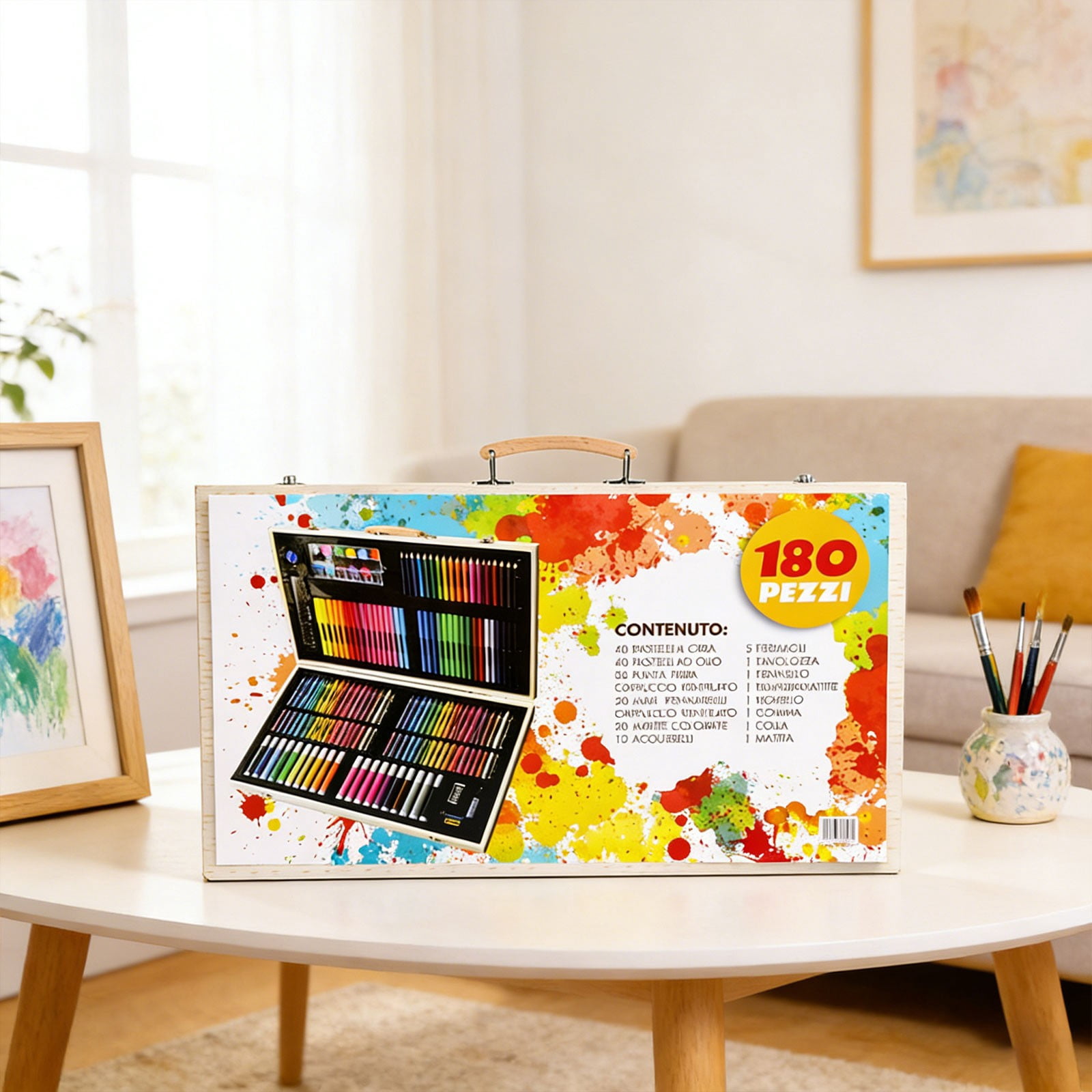CMYYNNA 180 Piece Deluxe Art Set,Wooden Box & Drawing Kit with Crayons,Oil Pastels,Colored Pencils,Watercolor Cakes,Sketch Pencils,Paint Brush,Sharpener,Eraser,Color Chart (Cherry)