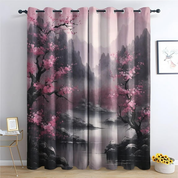 Cherry Blossom Curtains, Japanese Blackout Curtains, Oriental Landscape Curtains For Bedroom Living Room Decor, Thermal Insulated Grommet Drapes 42"W x 84"L (Pack of 2)