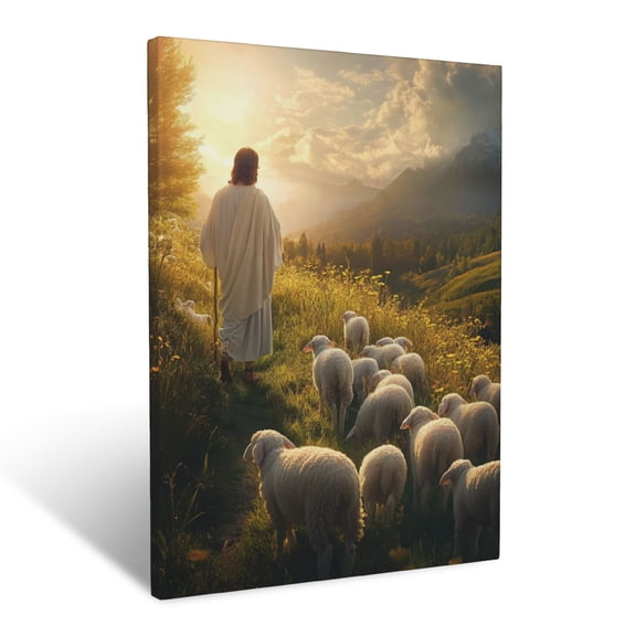 CozyNet Jesus Standing In A Glowing Meadow Surrounded By Lambs Under A Serene Sky Good Shepherd Wall Art Prints With Frame Canvas Perfect for Living Room & Bedroom, Ready to Hang, Wall Decor 12"x16"