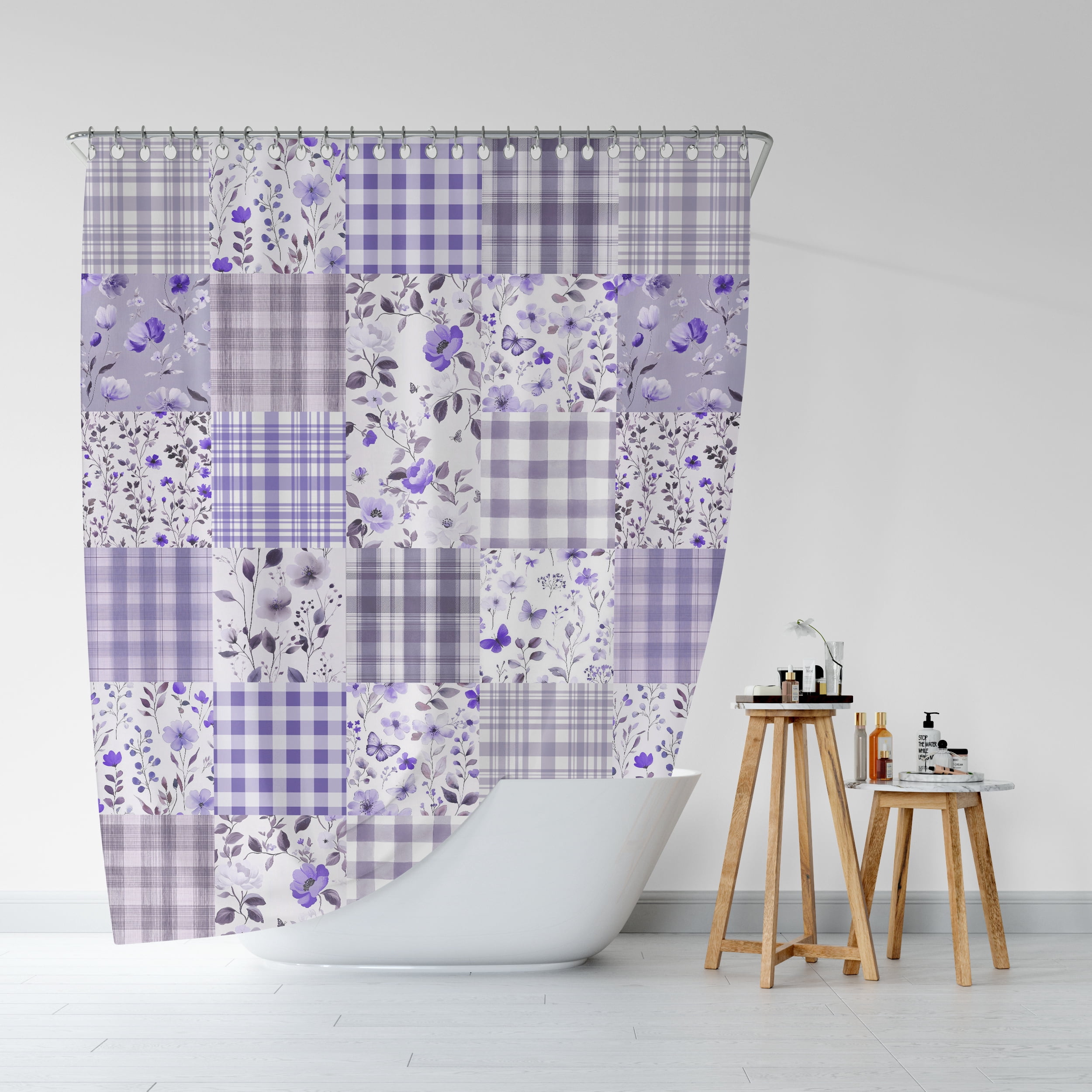 Cute Plaid Floral Shower Curtain, Boho Purple Flower Fabric Shower Curtains for Bathroom, Retro Purple Floral Checkered Patchwork Bath Curtain Set Washable Waterproof with 12Hooks,70X85in