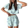 thumbnail image 3 of 2 Piece Short Pajama Set for Women Stylish Print Crew Neck Short Sleeve Tee Shorts Loose Casual Sleepwear Blue S, 3 of 9